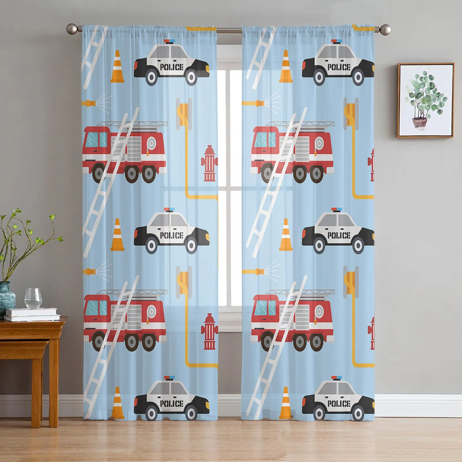 Toy Police Car Fire Truck Vehicle Cartoon Sheer Curtains for Living Room Decoration Window Curtains Kitchen Tulle Voile Curtains