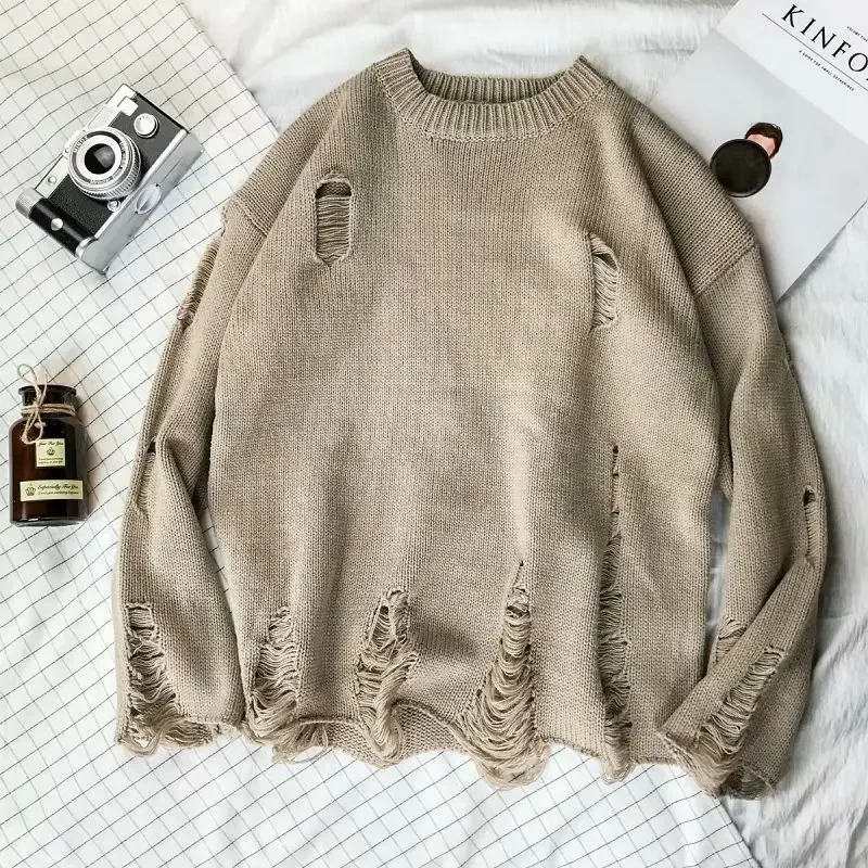 Men Women Streetwear Hip Hop Pullovers Jumper Fashion Oversized All-match Men Spring Wash Hole Ripped Knit Sweaters