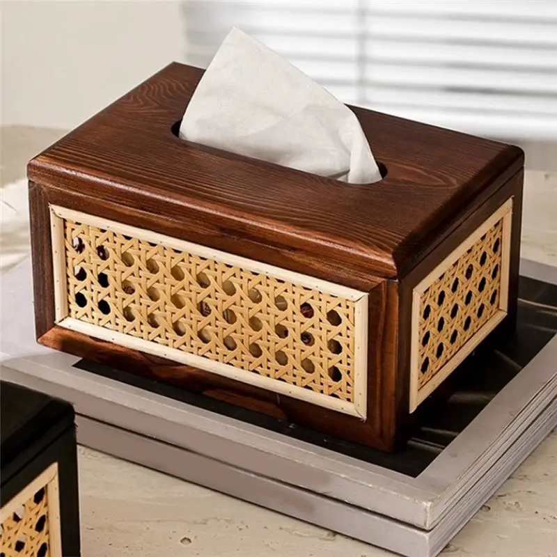 KYCOR-Solid Wood Rattan Tissue Box High Values Rattan Drawer Home Bedroom Living Room Coffee Table Paper Drawer,Brown Durable
