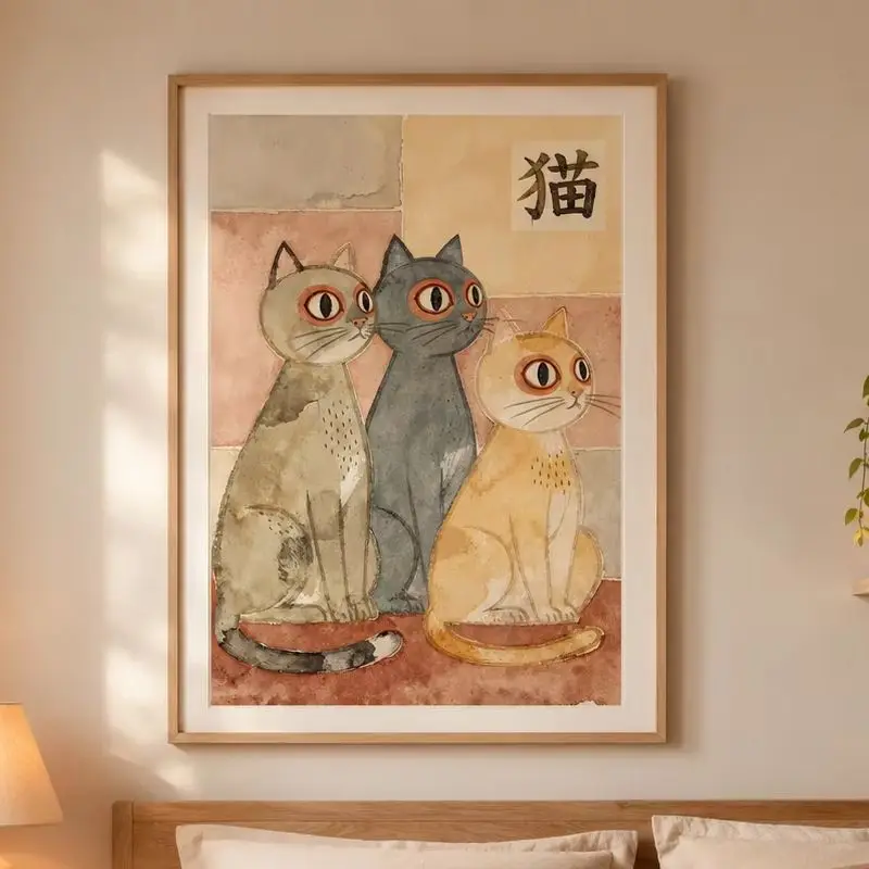 Japandi Cats Poster,Canvas Wall Print,Modern Art Illustration,High‑Grade Home Decoration Artwork for Bedroom,Living Room,Office