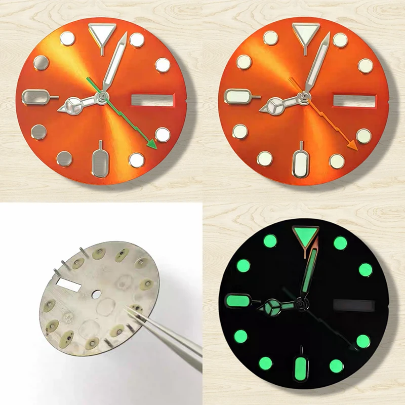 28.5mm Green Luminous Dual Calendar Orange Sunburst Watch Dial+Benz Lightning Hands Watch Accessories Fit NH36 Movement