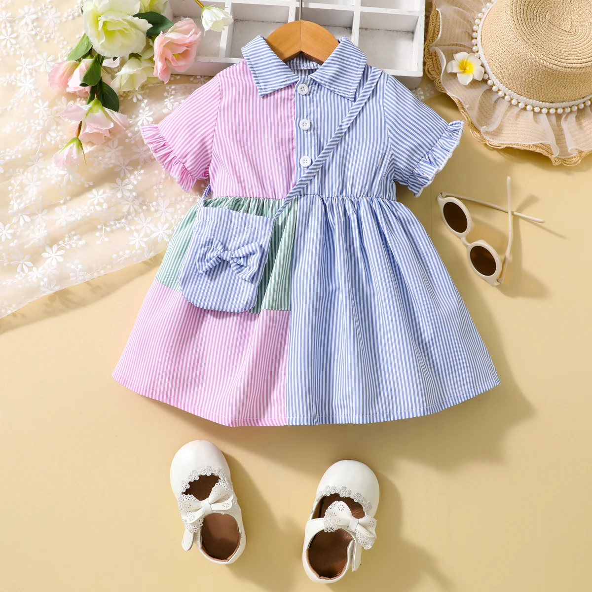 Girls  Dress With Lapel  Flared Sleeves  Button Closure Waist  Puffy Skirt  Butterfly Bag  Loose Travel New Style