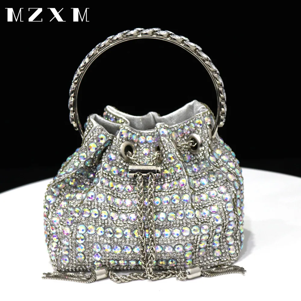 Women\'s Crystal Bucket Bag Silver color Water Diamond Exquisite Women\'s Handbag New 2023 Luxury Shoulder Bag