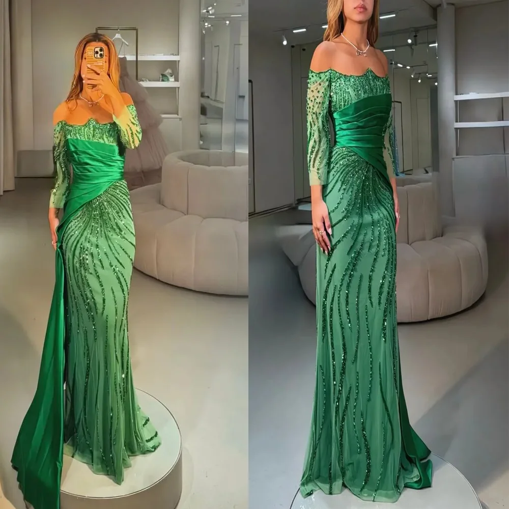 

vestidos de noche Exquisite Boat Collar Beading Bling Long Sleeve Saudi Gown Sheath Train Long Prom Gown with Court Customized