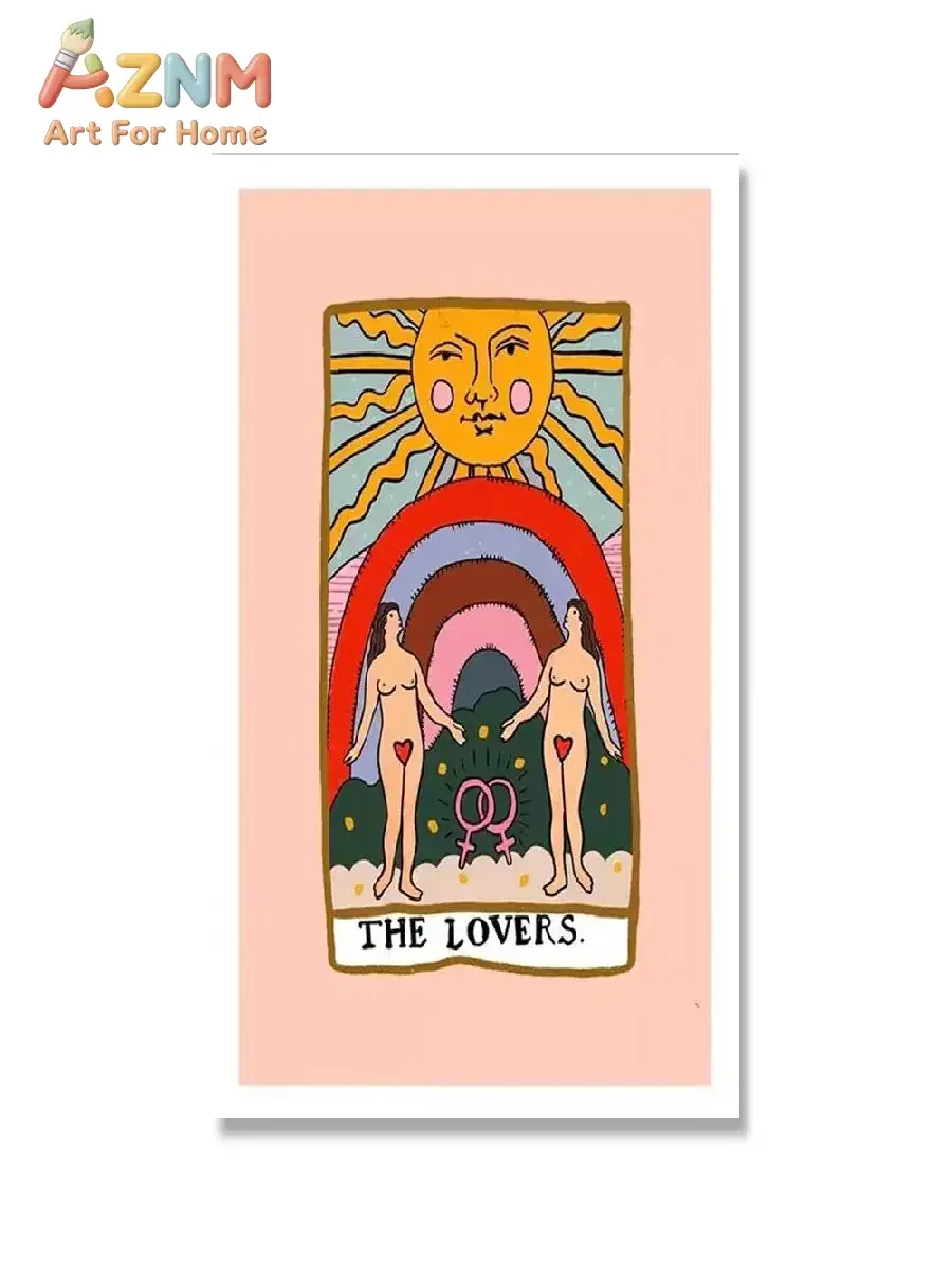 AZNM Pink Tarot Card Canvas Wall Art The Sun Lovers Star Vintage Mystic Witchy Frameless Print Poster for Room Home Decor