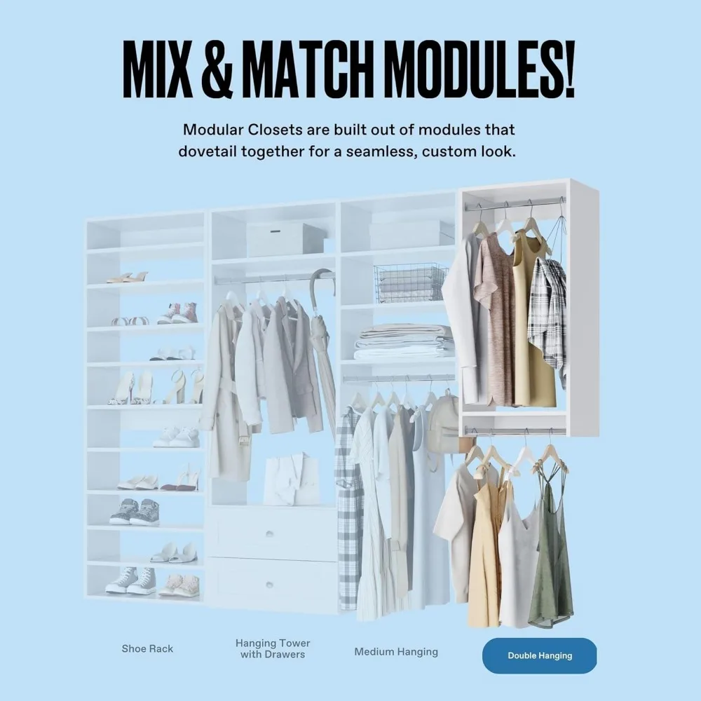 Double Hanging Closet Unit - Modular System for Hanging - Corner Organizer With Storage Shelves (White, 19.5 Inches Wide)