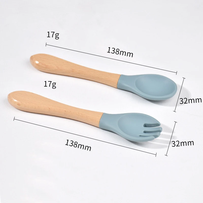 Cuillère fourchette à manche en bois pour bébé, en Silicone de qualité alimentaire, cuillère d'entraînement à l'alimentation pour enfants, ensemble de vaisselle alimentaire complémentaire, 100%