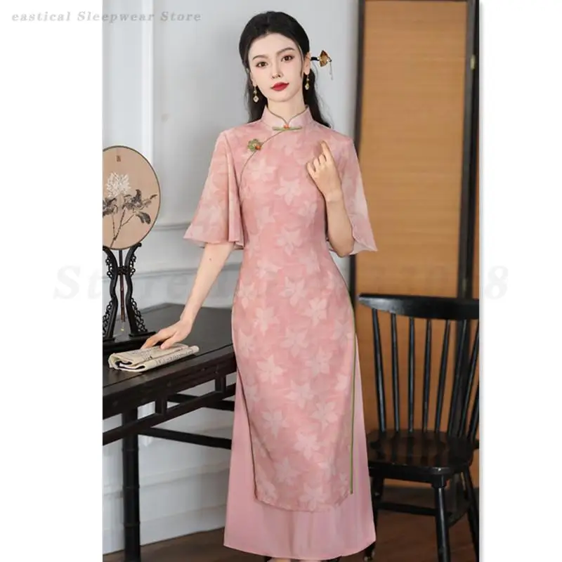 Rosa Langes Ao Dai Qipao Neues chinesisches bedrucktes Blumenkleid Traditionelles Stehkragen Cheongsam Vintage Abendpartykleid