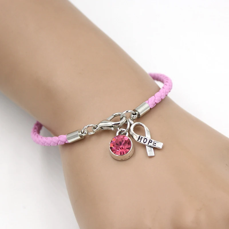 New Arrival Breast Cancer Awareness Bracelet Jewelry Pink Leather Hope Ribbon Charm Bracelets for Cancer Foundation Gift