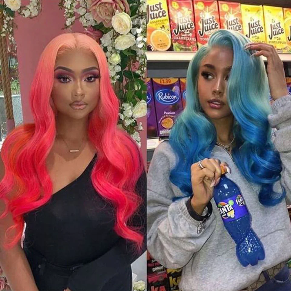 

100% человеческие волосы 13X4 HD, прозрачный кружевной фронтальный парик, светло-голубой омбре, объемная волна, плотность 180, косплей, бразильский