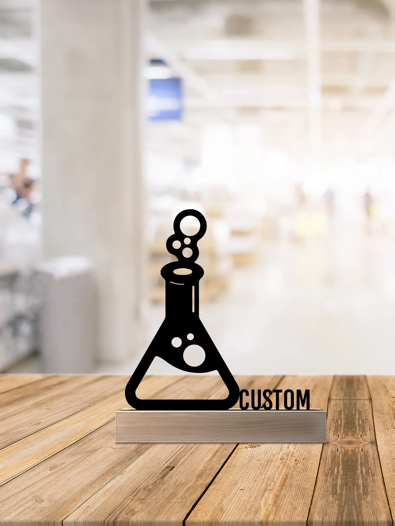 1pc Fashion Chemical instruments Custom Name Metal Statue With Wood Base Iron Ornament Tin Sculpture Office Desk