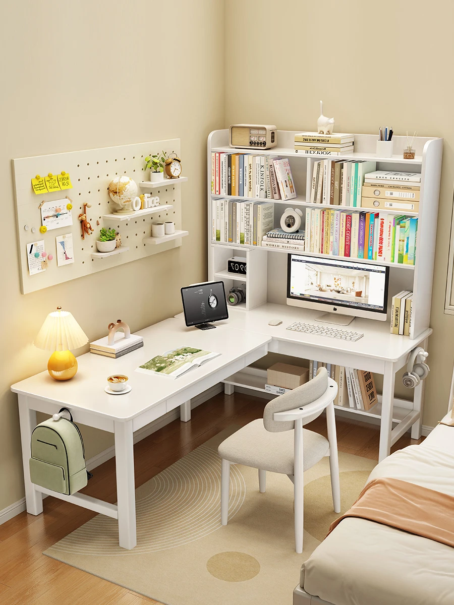 

Solid wood corner desk bookshelf integrated student household bookcase combination study table 7-word L-shaped computer desk