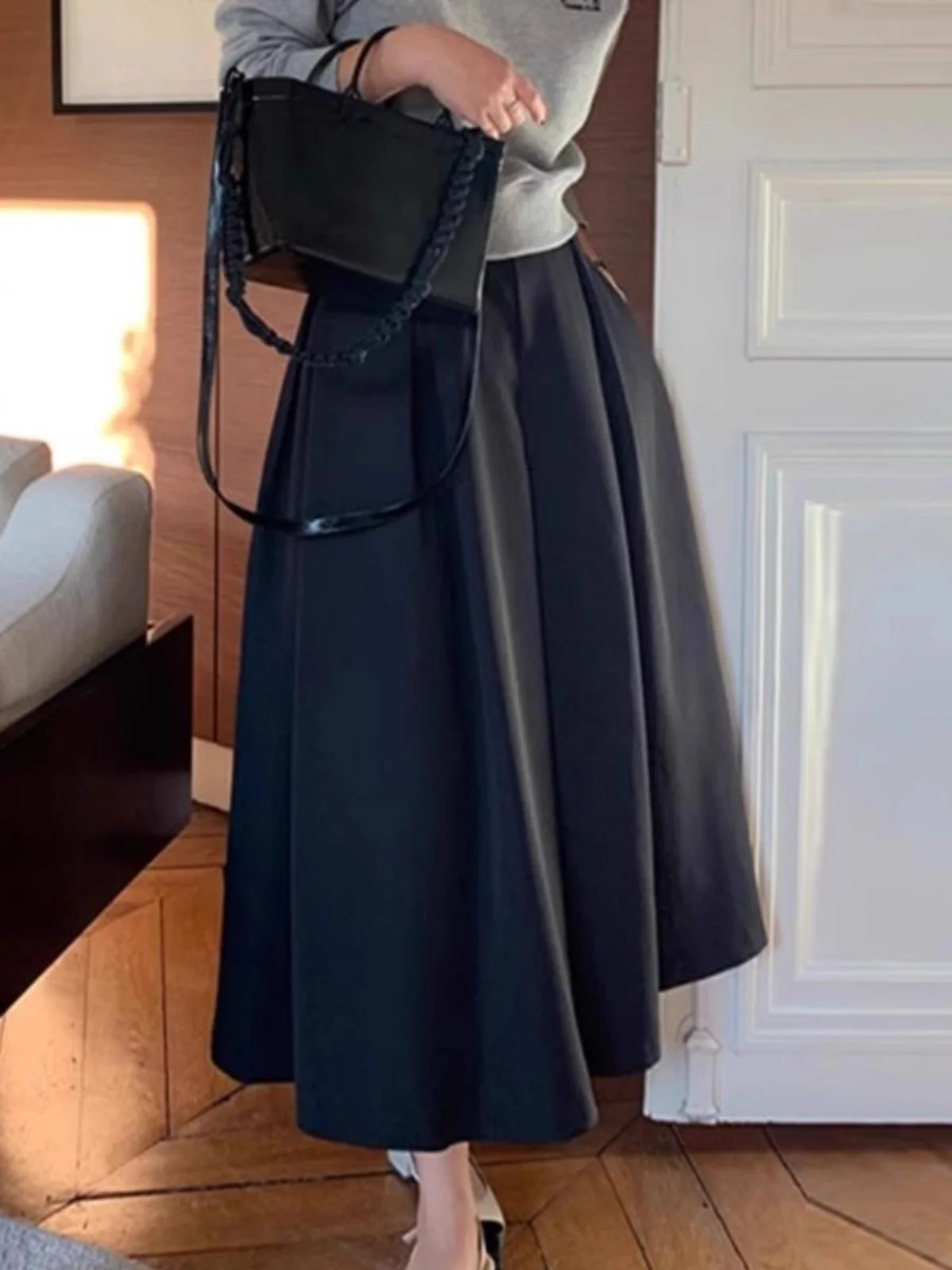

Spring Autumn Hepburn Sle Women's Midi Skirt Korean High Waist A-Line Skirt Regular Thin Pure Color Wide Leg Suit