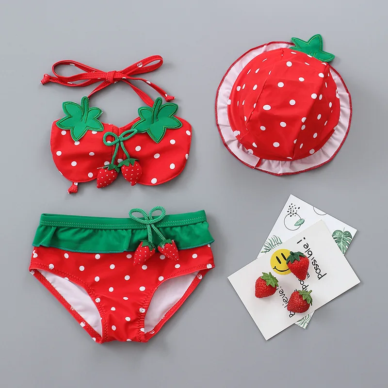 2023 Baby Swimwear Kids Girls Three Pieces Swimsuit Bikini Summer Children Cute Strawberry Pineapple Swimwear For Beach Vacation