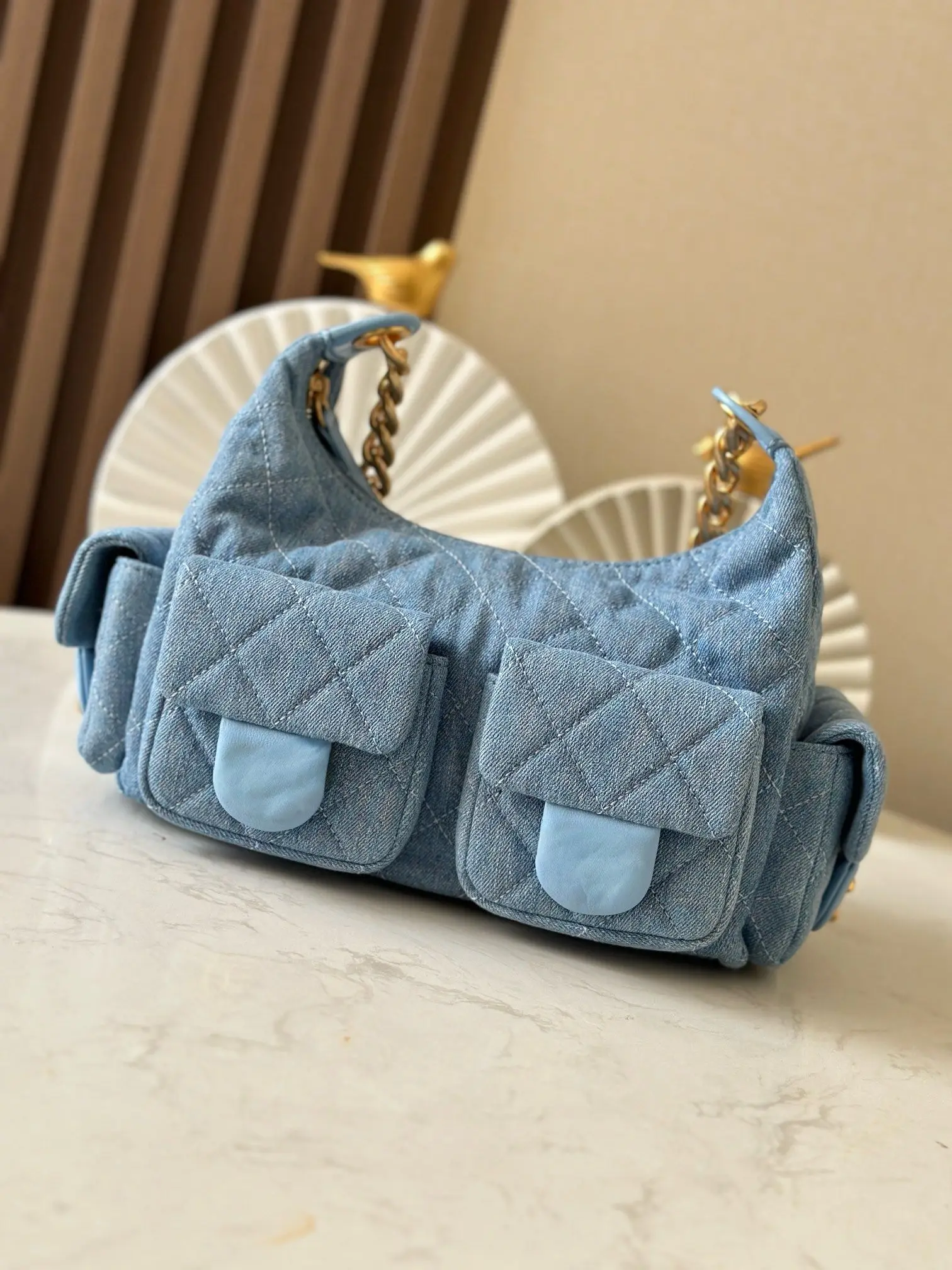 

Denim Quilted Leather Underarm Bag with Multi-Pocket & Gold-Tone Chain, Retro Luxury Shoulder Bag for Daily Wear & Style Matchi