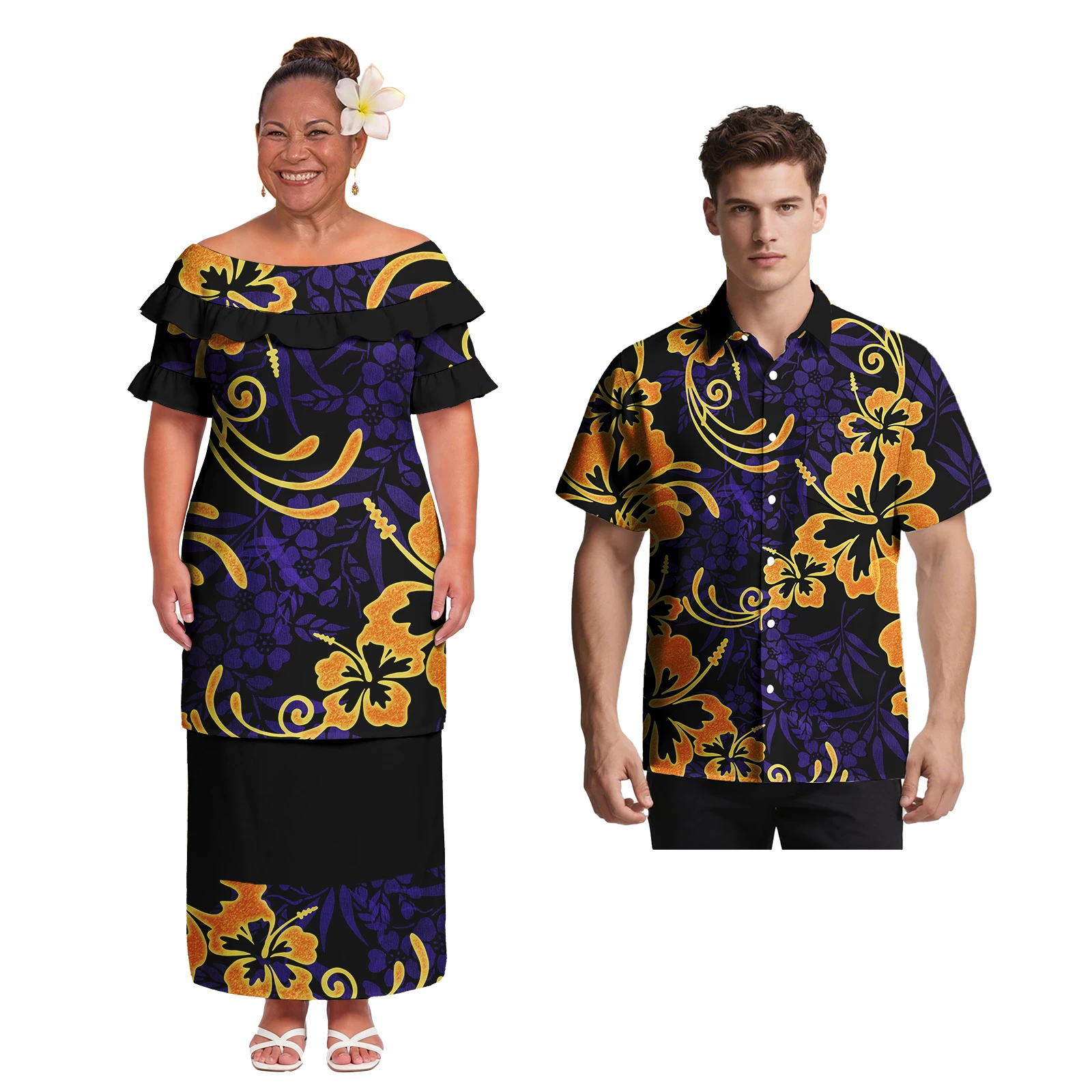 Ethnic Style Custom Samoan Polynesian Button up Design Men Shirt and Lady Maxi Dress Hawaiian Tribal Casual Couple Match Outfits