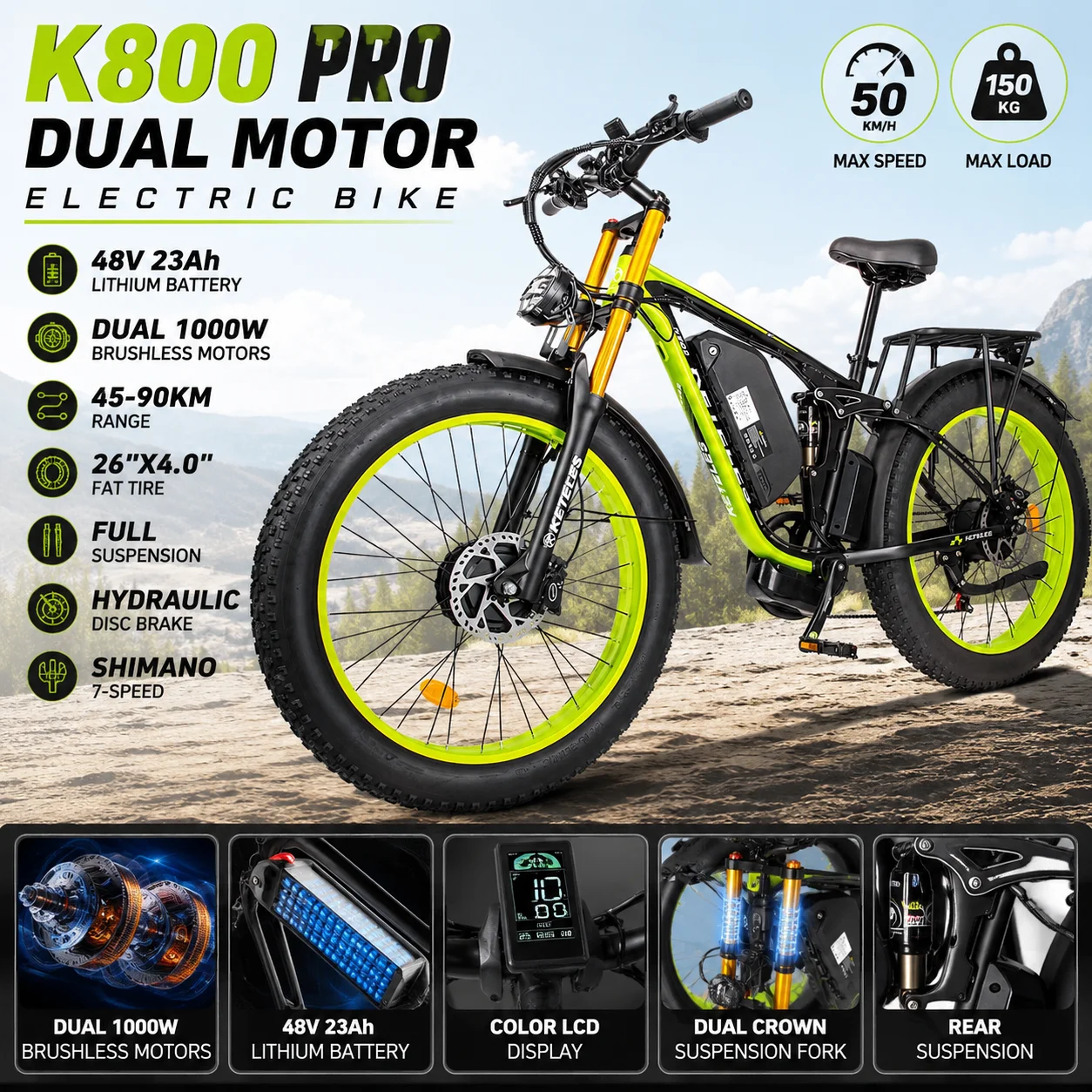 Bicicleta Eléctrica K800Pro de 26 Pulgadas con Neumáticos Gruesos 4.0, Motor Dual de 1000W, Potencia de 2000W, Batería de 48V 23Ah, Frenos Hidráulicos, Shimano de 7 Velocidades