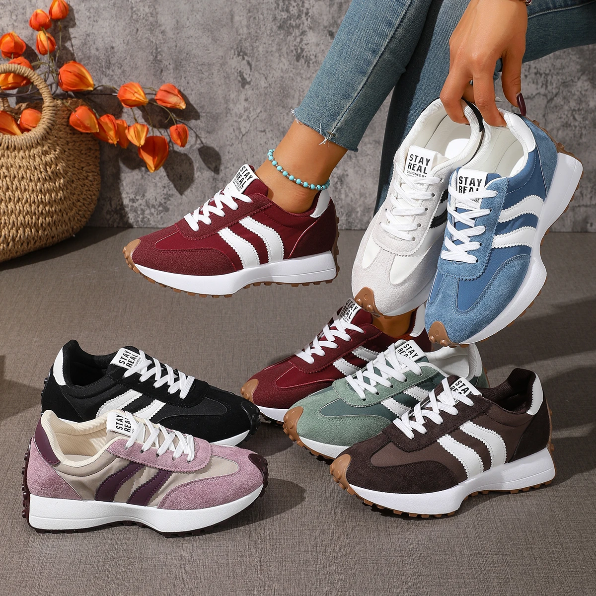 Women's Retro Platform Chunky Sneakers Lace Up Faux Suede Non Slip Lightweight Comfortable Walking Outdoor Spring Summer Shoes
