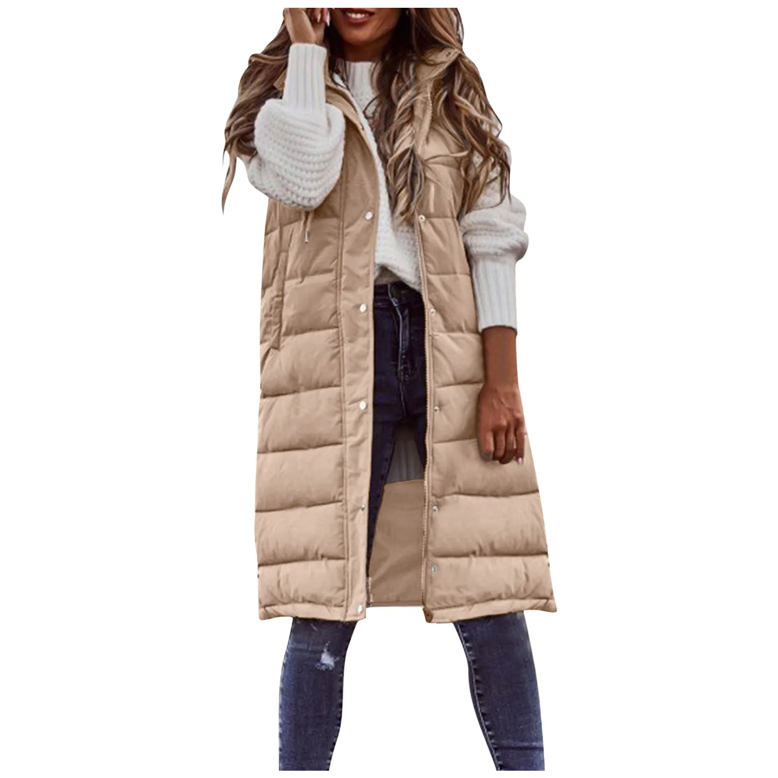 Women\'s Long Coat Vest With Hood Autumn Winter Sleeveless Warm Cotton Down Coat Waistcoat Quilted Vest Down Jacket Outwear