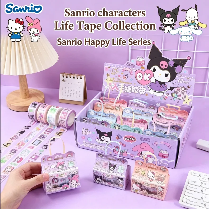 Sanrio 12pack 60 Roll Washi Tape Gift Set, Portable Handheld Tape Case, Suitable for Scrapbooking, Journaling, DIY Crafts