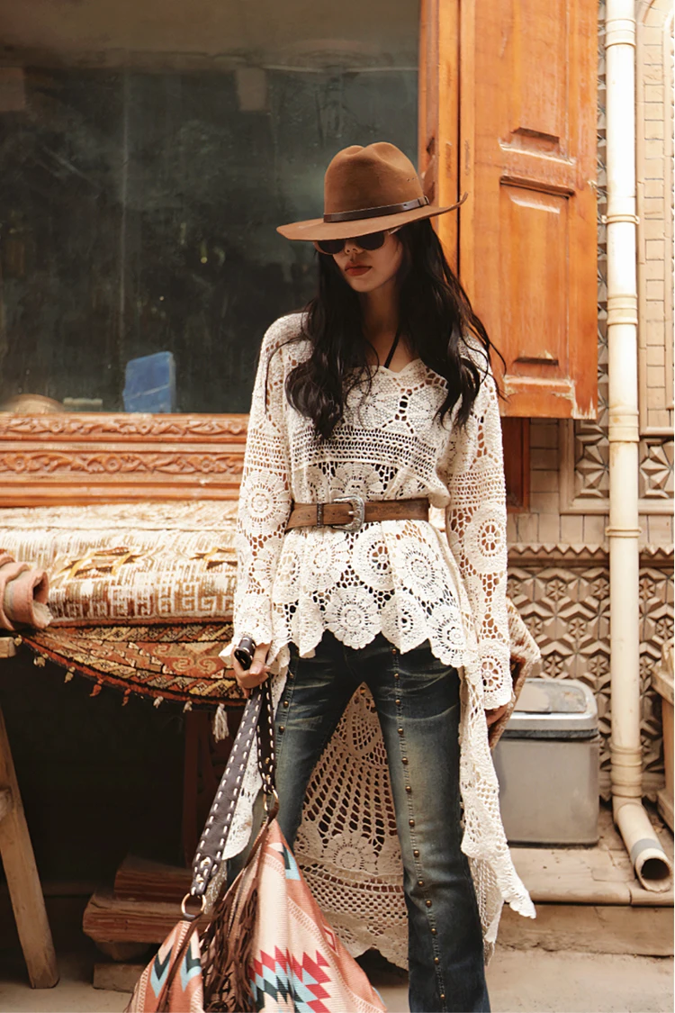 

Spring Summer Women Romantic Hollow Out Crochet High-Low Pullver Smock