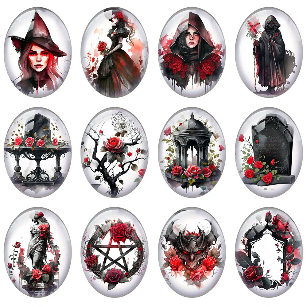 

10pcs/lot Halloween Gothic Red Black Witch Wizard Flower Raven Oval Photo Glass Cabochon Flatback Demo Cameo Diy Jewelry Making