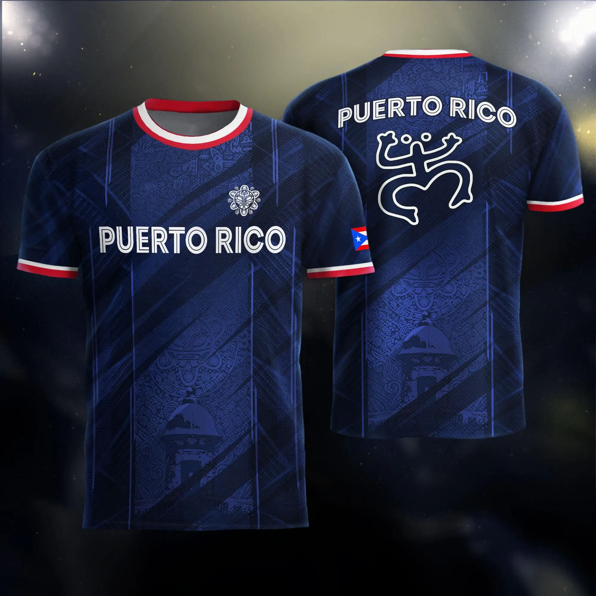 Puerto Rico Soccer Fan Jersey Mens Navy Blue Diagonal Graphics Red White Trim Short Sleeve Football Shirt