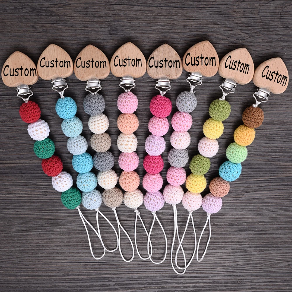 

Customized Name Baby Pacifier Chain Handmade Personalized Wooden Clip Woolen Beads Holder Baby Teether Toys Baby Chew Gift