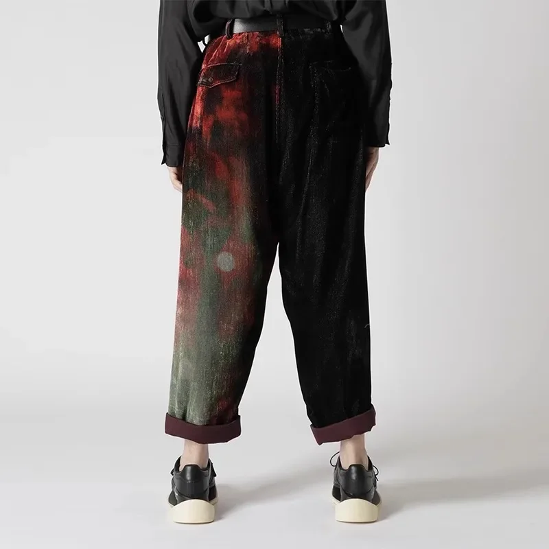 YOJI OOAK التصميم الأصلي تصميم اللون الأحمر والأسود التباين غير المتكافئة طباعة فضفاضة نمط الظلام السراويل عارضة #3