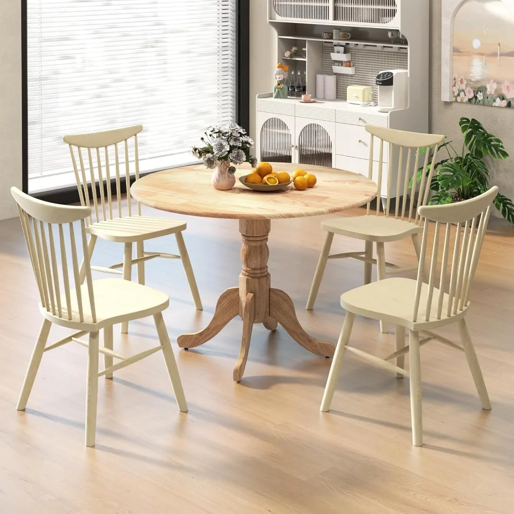 Round Dining Table for 4 People, Wooden Kitchen Table with Curved Trestle Legs, Large Dinner Table for Kitchen, Dining Room