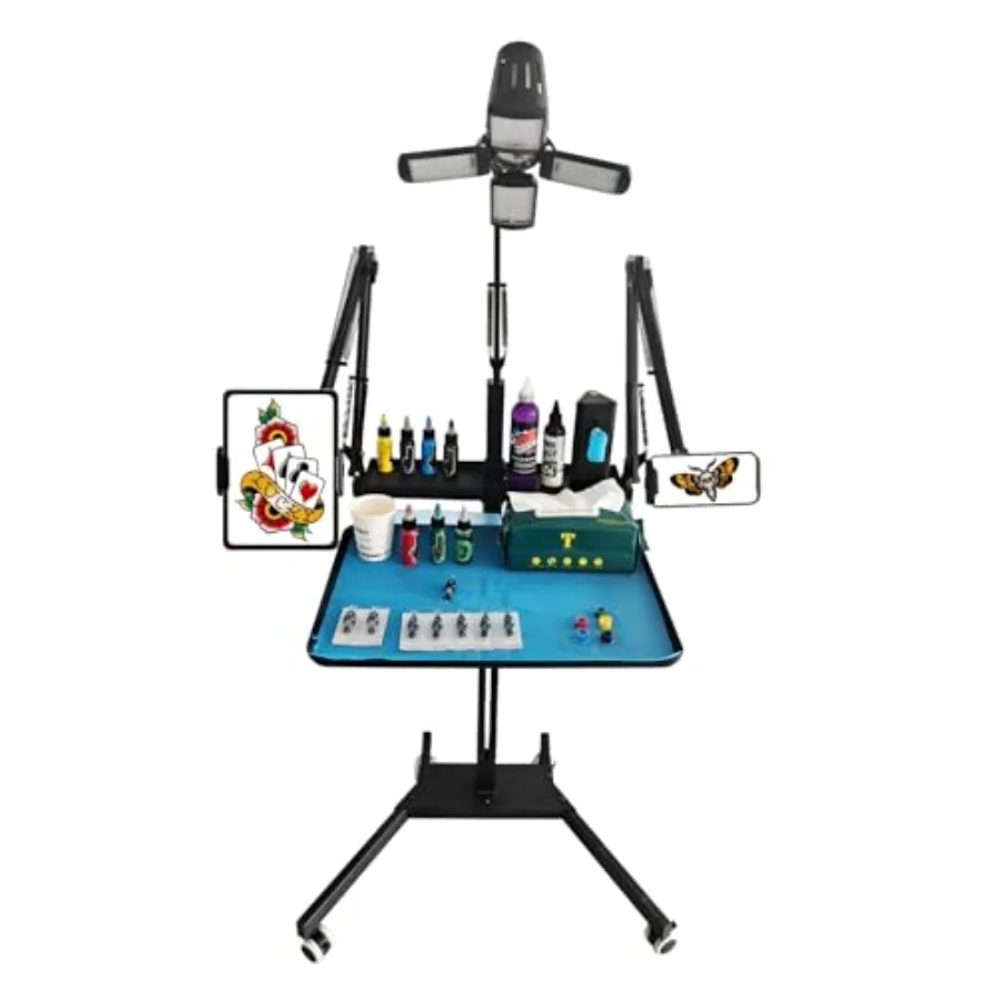 Multifunctional tattoo workstation with integrated LED lighting pigment storage rack tablet holder pneumatic height adjustment