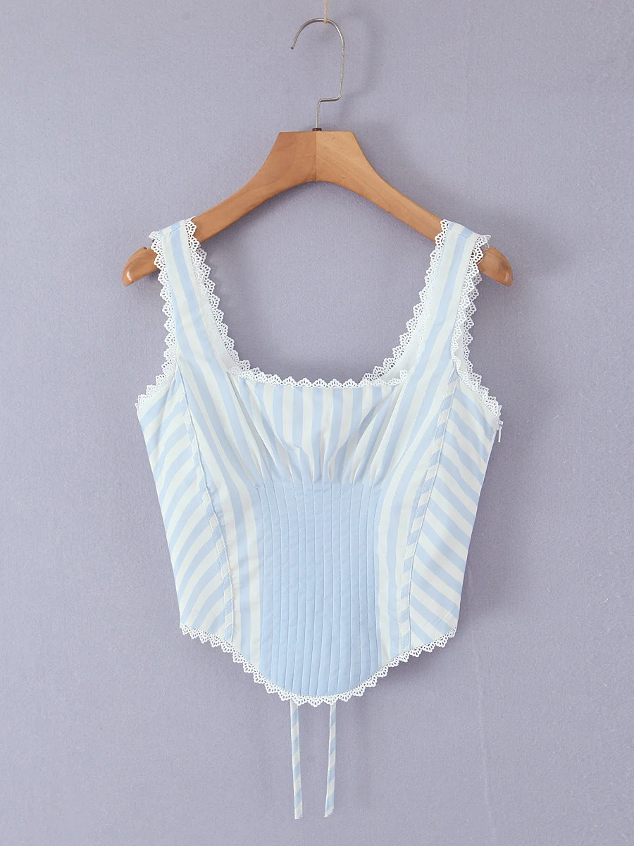 

Street Sle ort Striped Vest Sweet And Spicy Floral Lace Trim Slim Fit Square Collar Ba Tie Waist Bandage Tank Top
