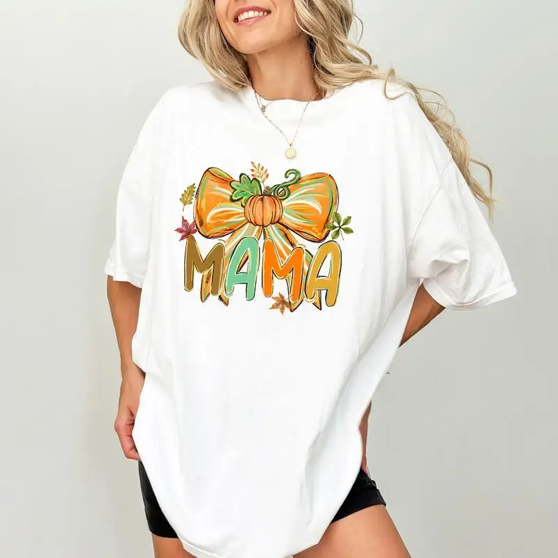 

Oversized Fall Mama T-shirt for Women, Cute Pumpkin Bow Graphic Unisex Tee, Trendy Mom Life Thanksgiving Gift Top