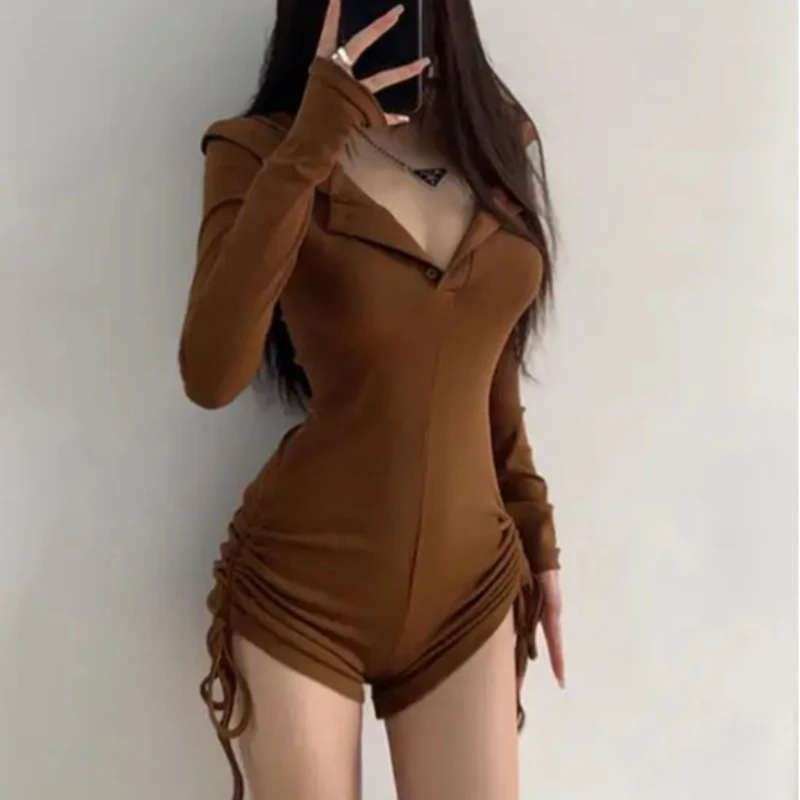 

Pure Desire Sexy Both Sides Drawstring Lace Up Long Sleeved Hooded Button V-neck Tight Fitting Bodysuit Shorts Women's Clothing