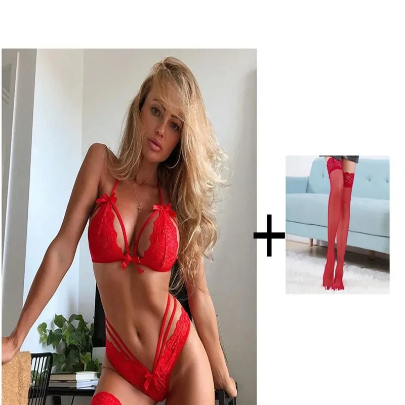 Erotic Lingerie for Women Hot Erotic Underwear Set Exotic Set Sexy Lace Bra Bandage Panties + Stockings Transparent Bra Set