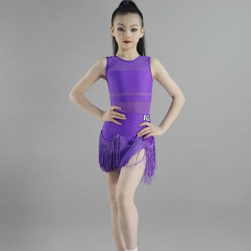 1 pieza/lote de vestido de baile latino morado de verano para niñas, Color sólido Sexy, vestido de baile de Tango con precisión
