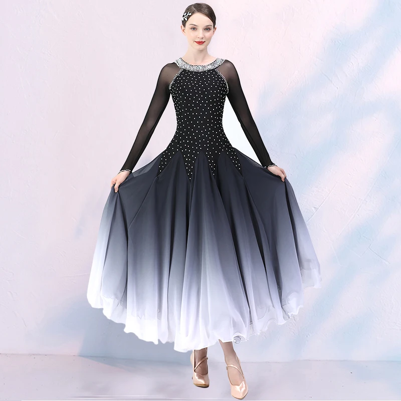 Floating Sleeves Round Neck Diamond Gradient Women Ballroom Dance Competition Dress Waltz Dress Rumba Dance Costumes Ball Gown