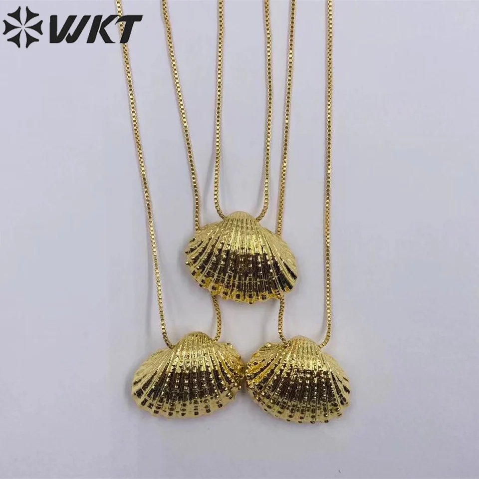 WT-JN235 WKT exclusive 18k full gold dipped natural scallop necklace adjustable pin chain thread chain necklace shell made