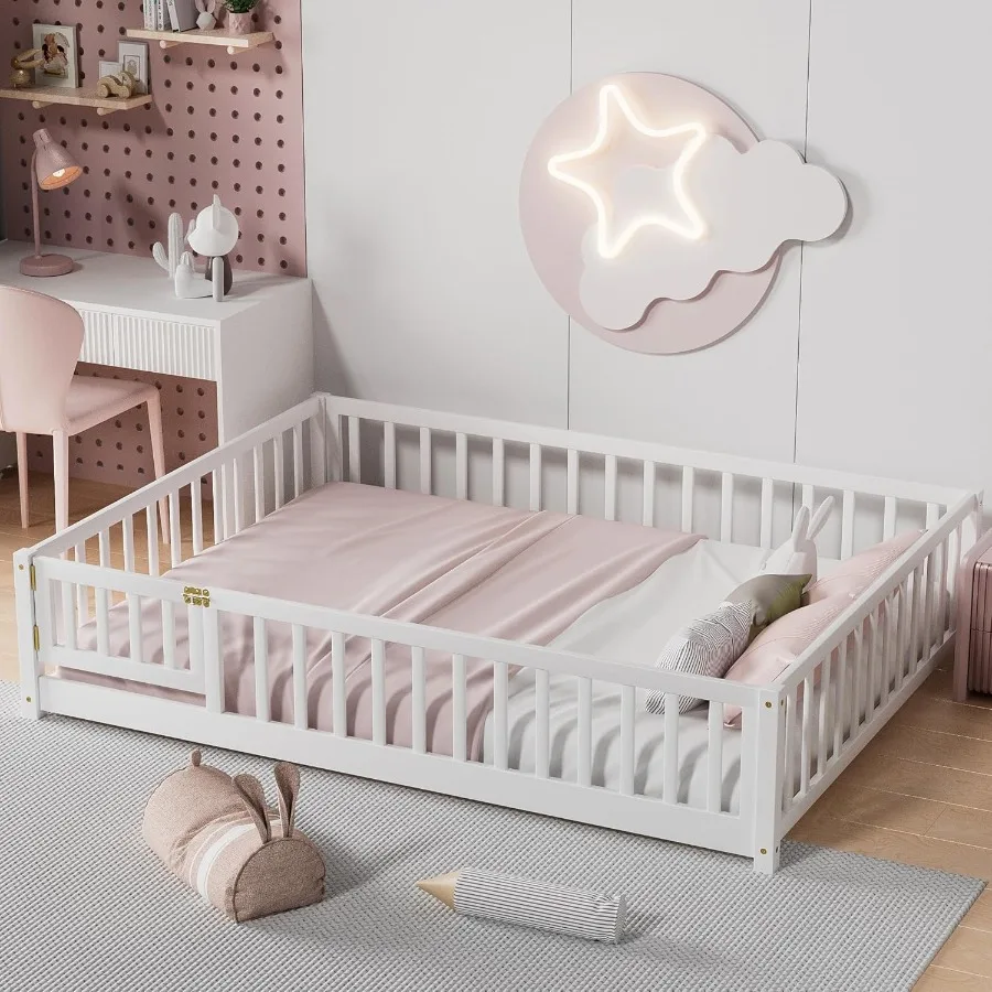 

Полноразмерная напольная кровать для кровати Монтессори из массива дерева с защитными перилами для дверей ограждения для девочек и мальчиков белого цвета с защитой
