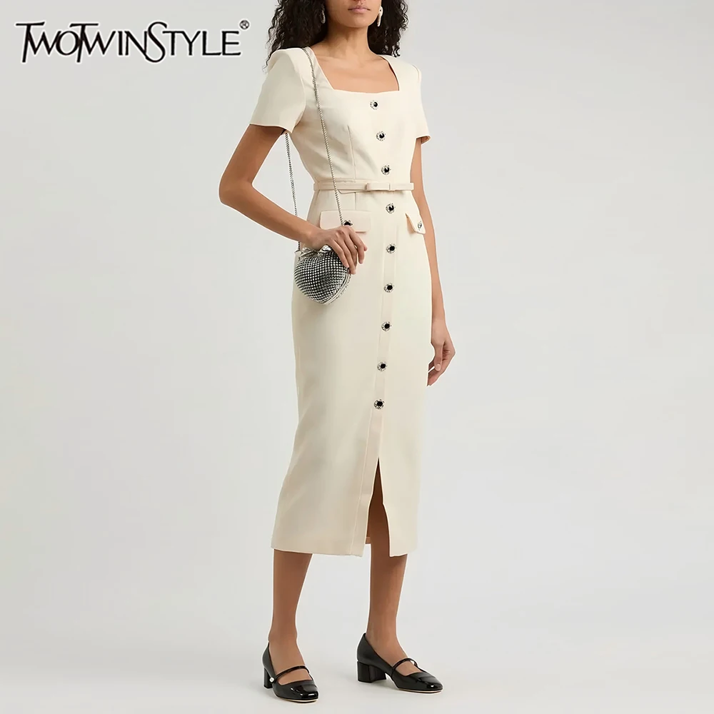 

TWOTWINSTYLE Solid Slimming Spliced Single Breasted Elegant Dresses for Women Square Neck Short Sleeves Split Dress Female New