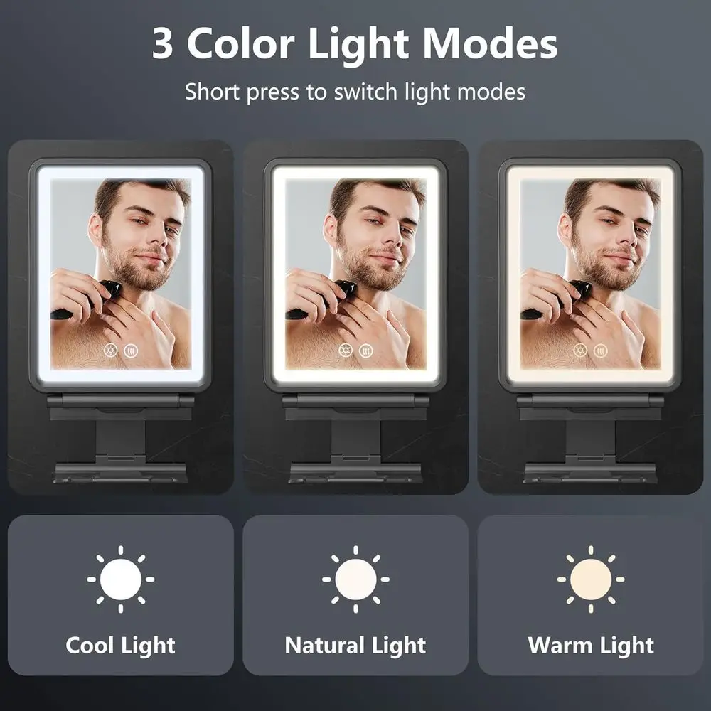 مرآة استحمام مضادة للضباب مع 3 مصابيح قابلة للتعديل، مرآة حلاقة قابلة لإعادة الشحن للرجال، تتضمن حامل ماكينة الحلاقة #3