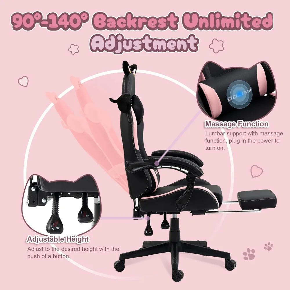 Cadeira para jogos rosa com almofada lombar de pata de gato e orelhas de gato, cadeira ergonômica para computador com apoio para os pés