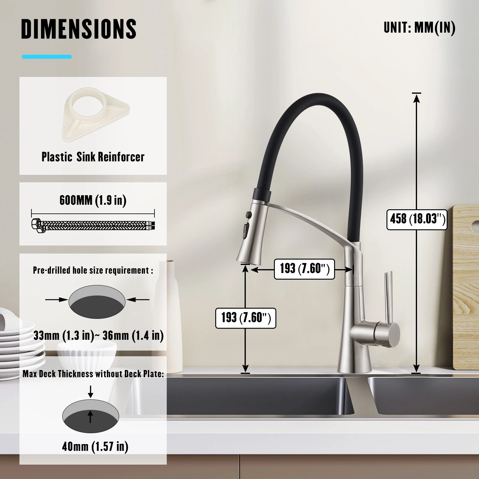 صنبور مطبخ متعدد الوظائف مصقول بالكروم الأسود بمقبض واحد، صنبور مطبخ قابل للسحب للأسفل مع فرشاة