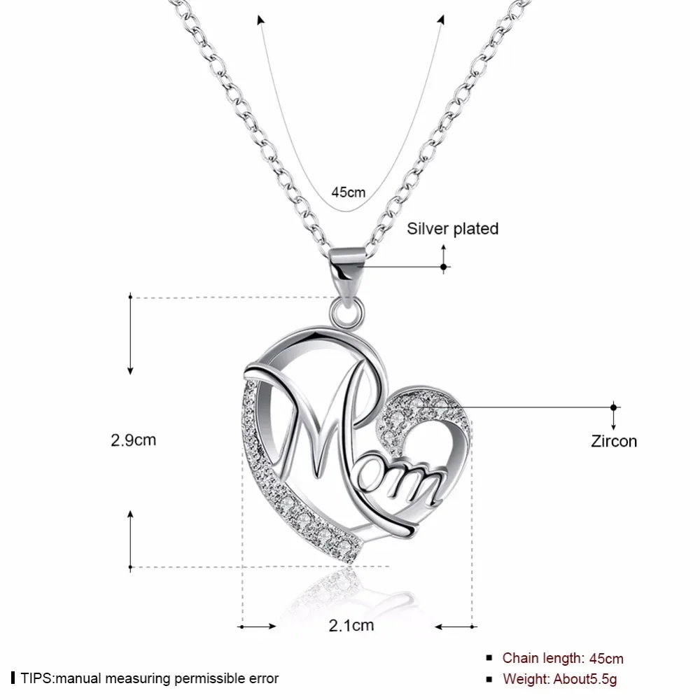 Charms Mom Heart Mother's Day Crystal 925 Sterling Silver Women Necklace Jewelry Lady Stone Fashion Cute Pendant