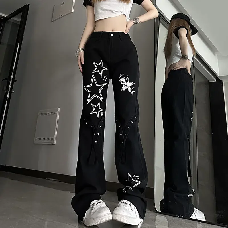 New Micro-La American Star Jeans Female ins Trend Joker Y2k High Waist Slim Loose Straight Wide Leg Casual Pants Long Pant Girl