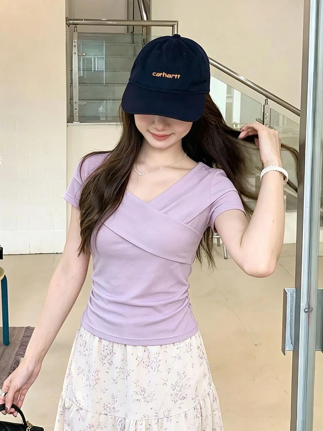Slim Fit Cross V-Neck Short Sleeve T-Shirt Women Summer Sexy Chic Versatile Comfortable Breathable Soft Pure Color Top Trendy