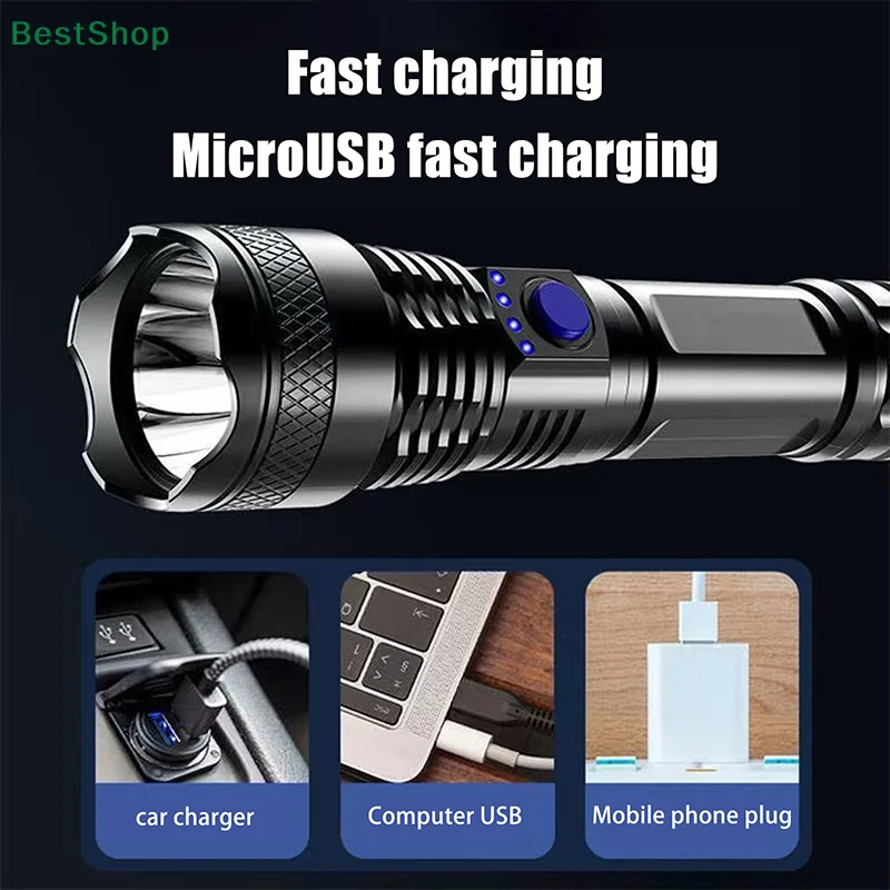 Bright Flashlight ABS Strong Light Led Flash Light USB Rechargeable Power Display Portable Outdoor Multi-function Torch