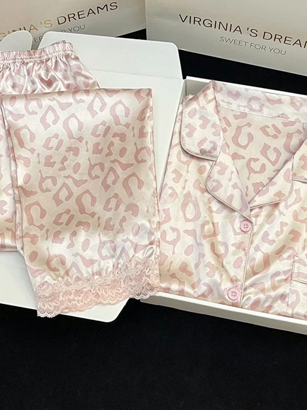 

Sweet Korean Style Ice Silk Sleepwear Short Sleeve Long Pants Thin Home Clothes Women's Leopard Print High Sensation Lace