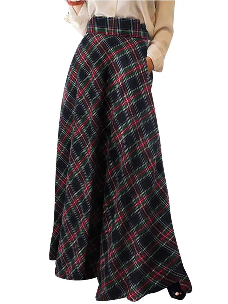 Fashion Women Checked Long Skirt Vintage Autumn Sundress ZANZEA Casual High Waist A-line Faldas Saia Loose Maxi Skirts Jupe Robe