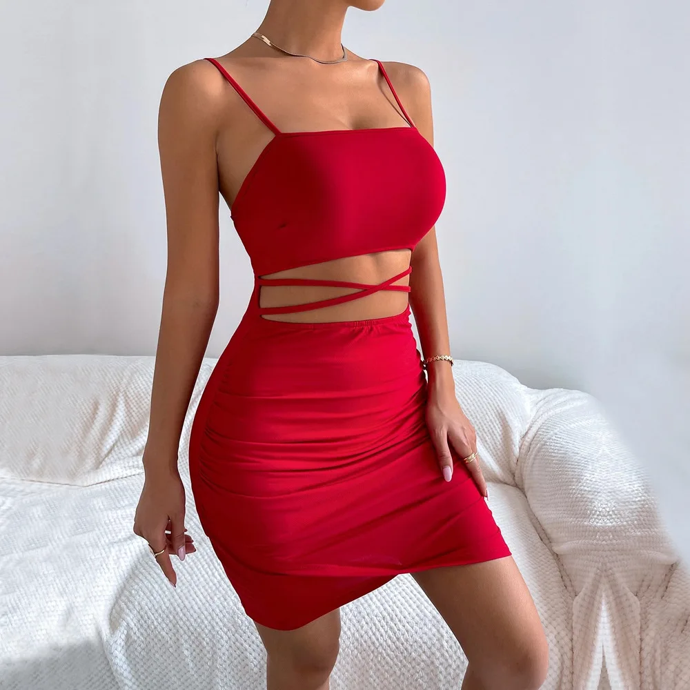 

Summer Bodycon Dress For Women Adjustable Spaghetti Strap Solid Color Short Skirt Hollow-out Waist Ruched Dress